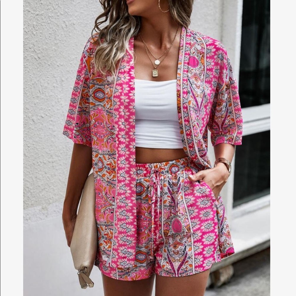 Boho Floral Paisley Print Open Front Kimono Top Shirt Blouse Shorts Set PINK - Picture 2 of 14